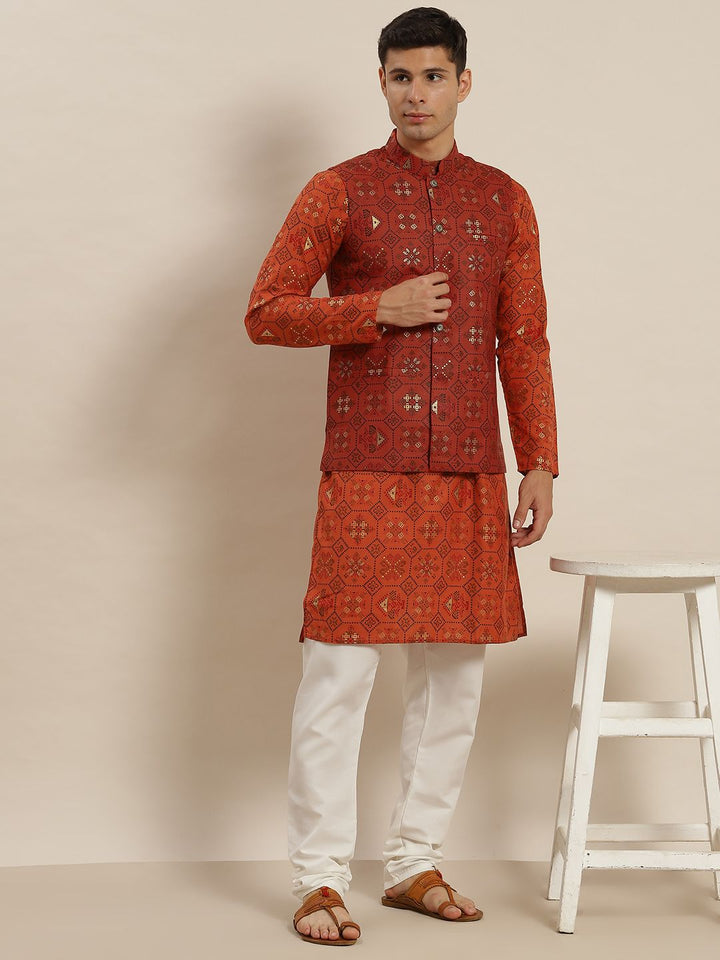 SOJANYA Men Orange Printed Kurta with Pyjamas & Nehru Jacket