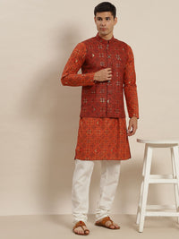 SOJANYA Men Orange Printed Kurta with Pyjamas & Nehru Jacket