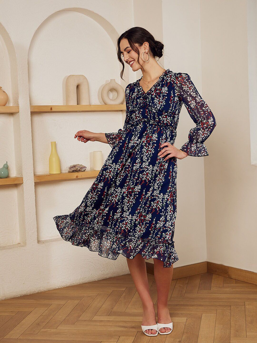 Berrylush Navy Blue Floral Printed Ruffled Chiffon A-Line Dress