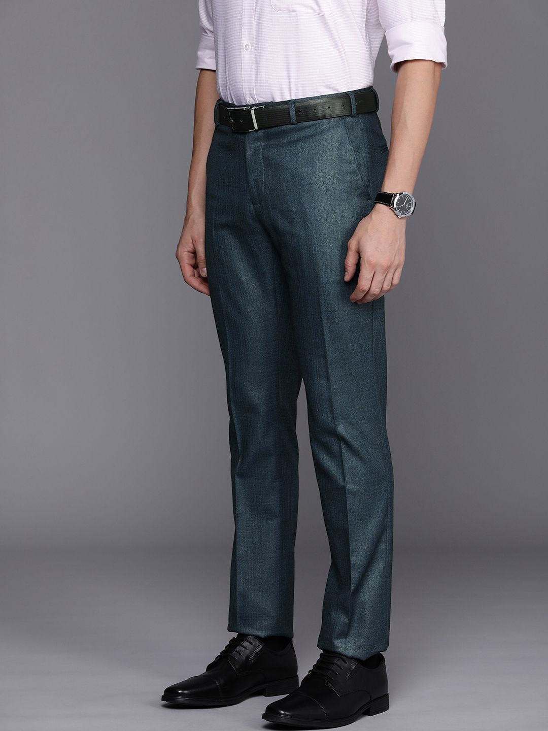 Raymond Men Checked Flat Front Slim Fit Formal Trousers