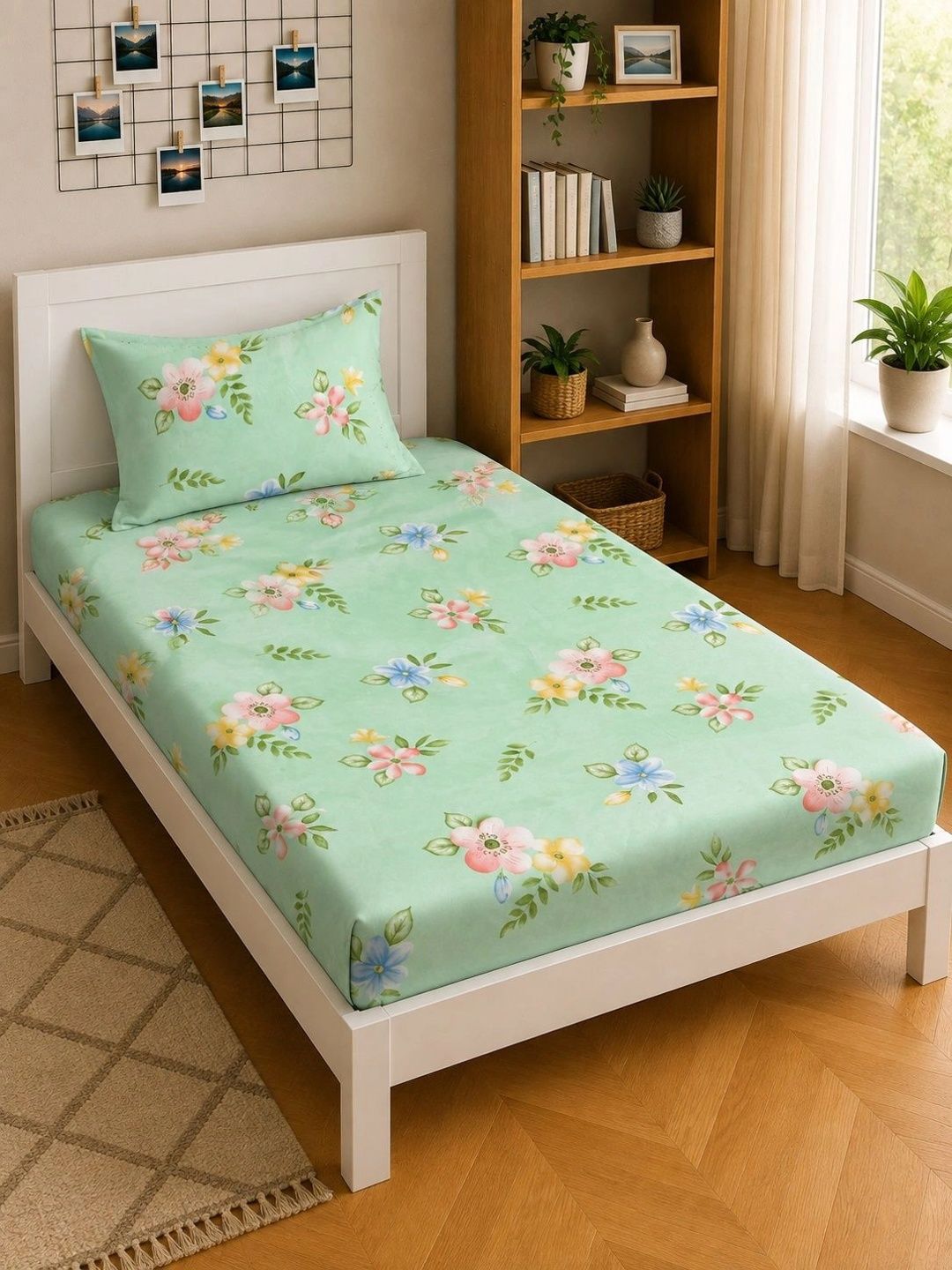 Moda Rapido X KLOTTHE Green & Pink Floral 300 TC Single Bedsheet with 1 Pillow Covers