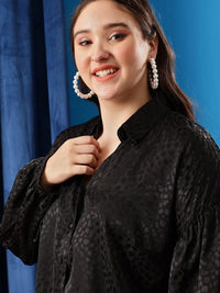 CURVY STREET Plus Size Comfort Oversized Abstract Printed Puffed Sleeves Satin Shirt