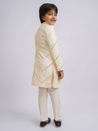 VASTRAMAY Boys Mirror Work Cotton Sherwani Over Kurta Pyjama