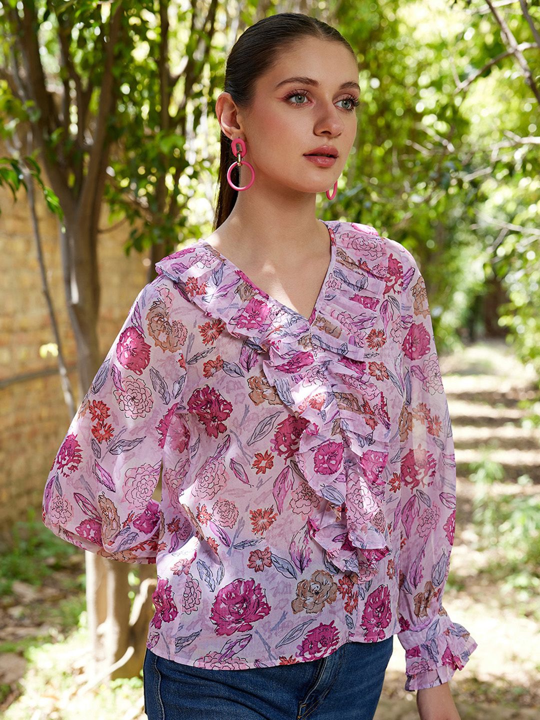 STREET 9 Pink & White Floral Printed Ruffle Top