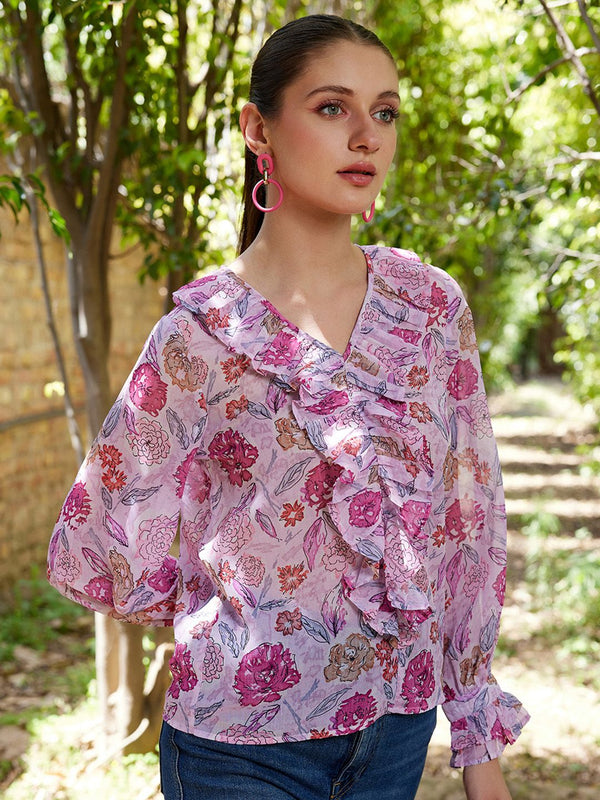 STREET 9 Pink & White Floral Printed Ruffle Top