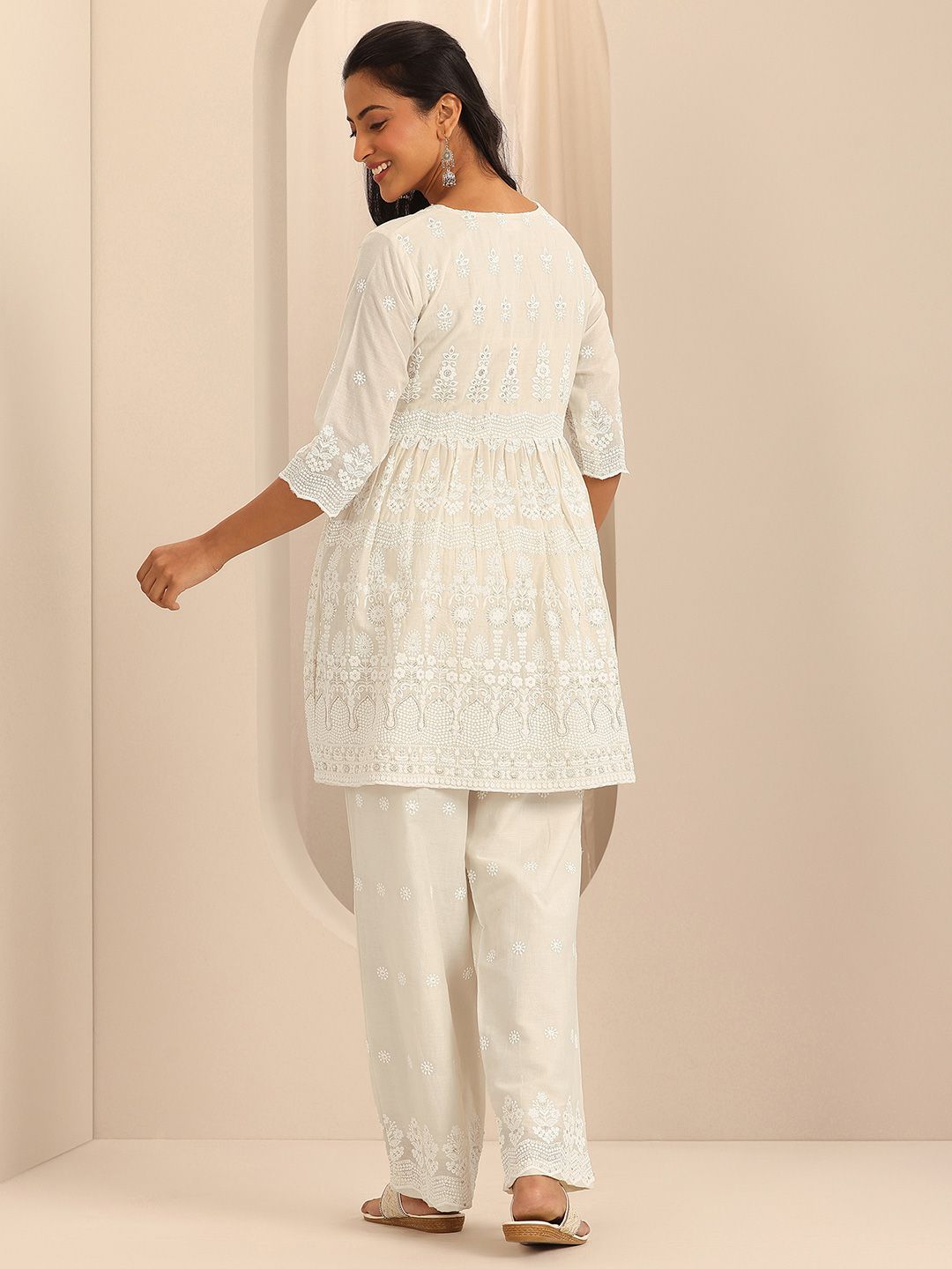 Libas Cotton Embroidered Round neck  Tunic Top and Slip on Palazzo