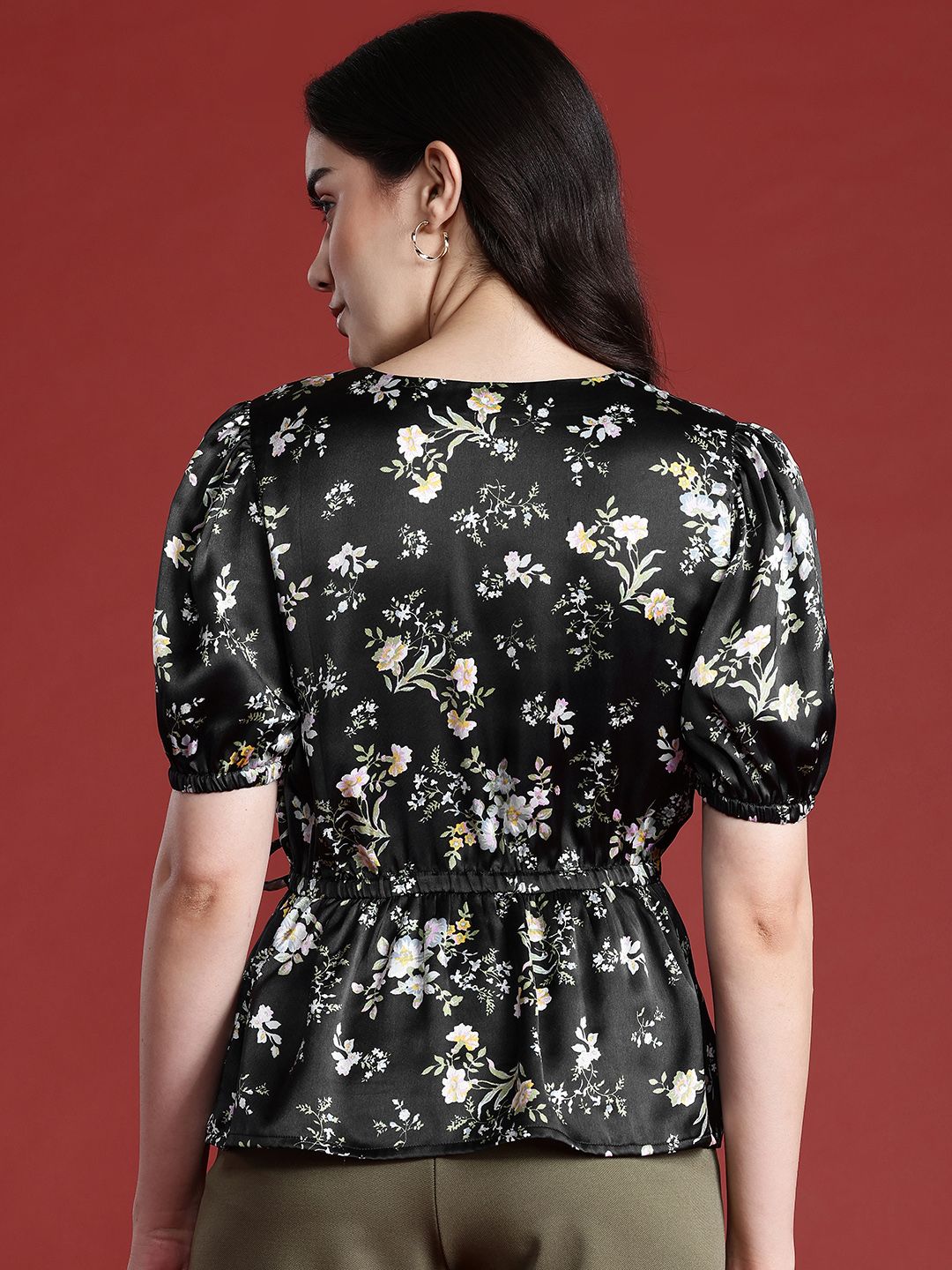all about you Floral Print Cinched Waist Satin Finish Top