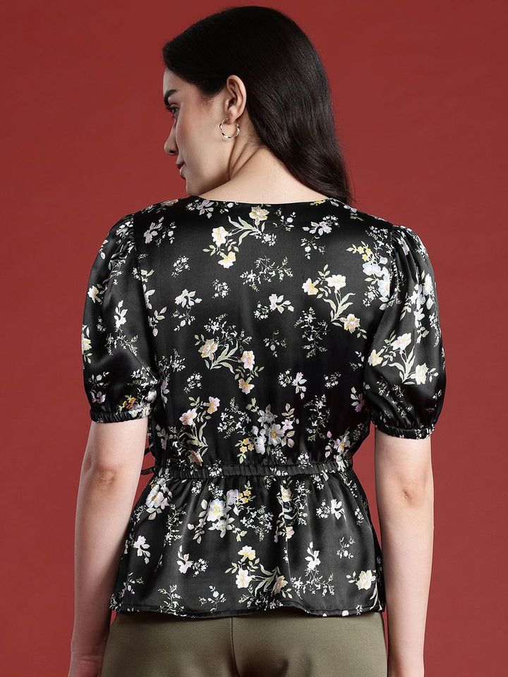 all about you Floral Print Cinched Waist Satin Finish Top