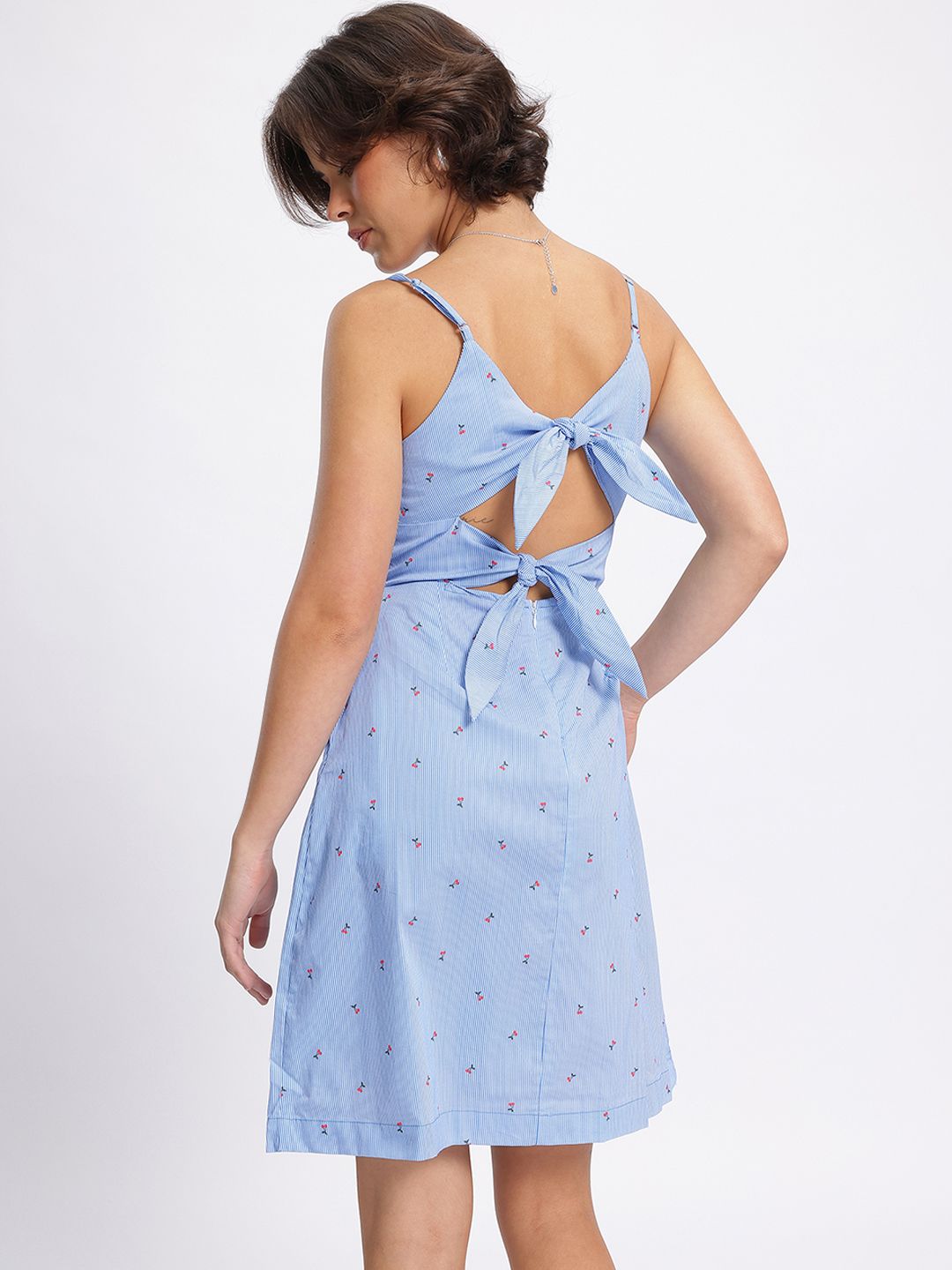 DressBerry Youthful Charm Striped Ditsy Print Pleated A-line Dress with Styled Back