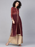 Wishful by W Women Burgundy Printed A-Line Layered Kurta with Ethnic Jacket