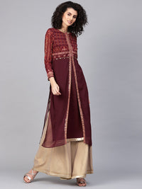 Wishful by W Women Burgundy Printed A-Line Layered Kurta with Ethnic Jacket