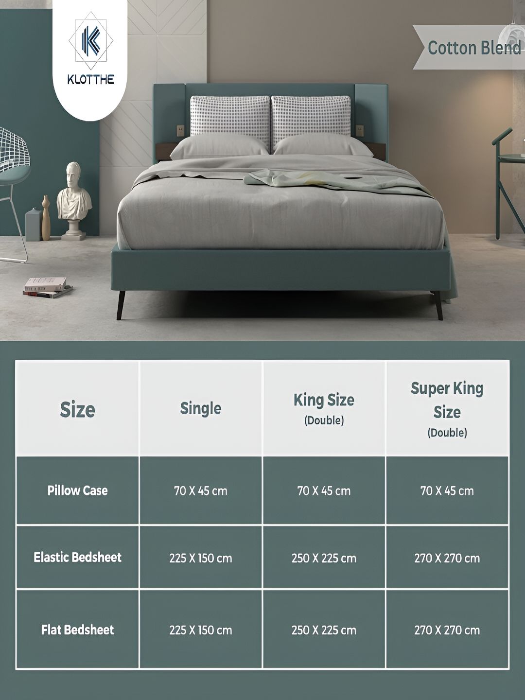 KLOTTHE Grey & White Printed 300TC Super King Fitted Bedsheet With 2 Pillow Covers