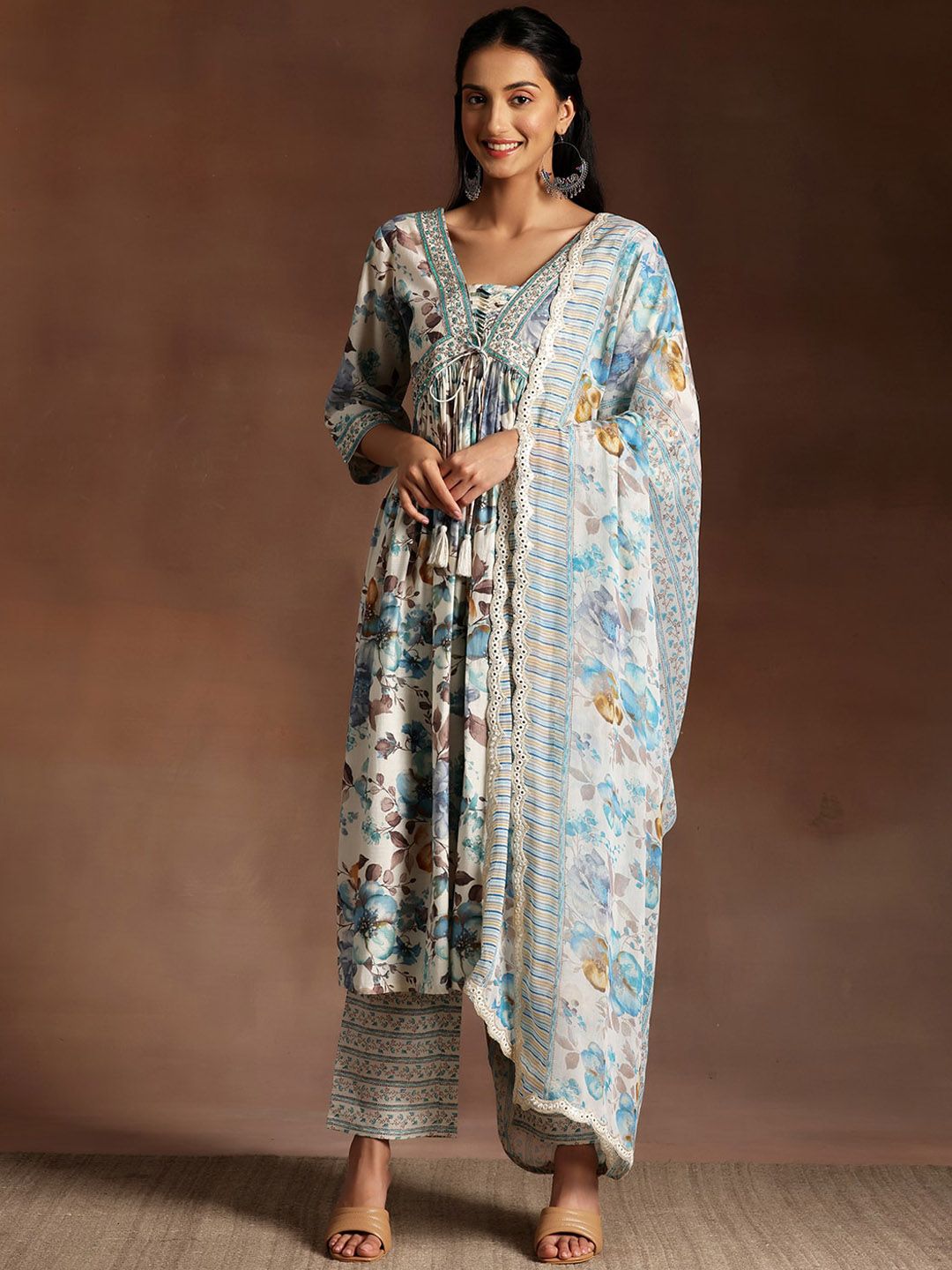Libas Floral Printed Empire Sequinned Kurta with Palazzo & Dupatta