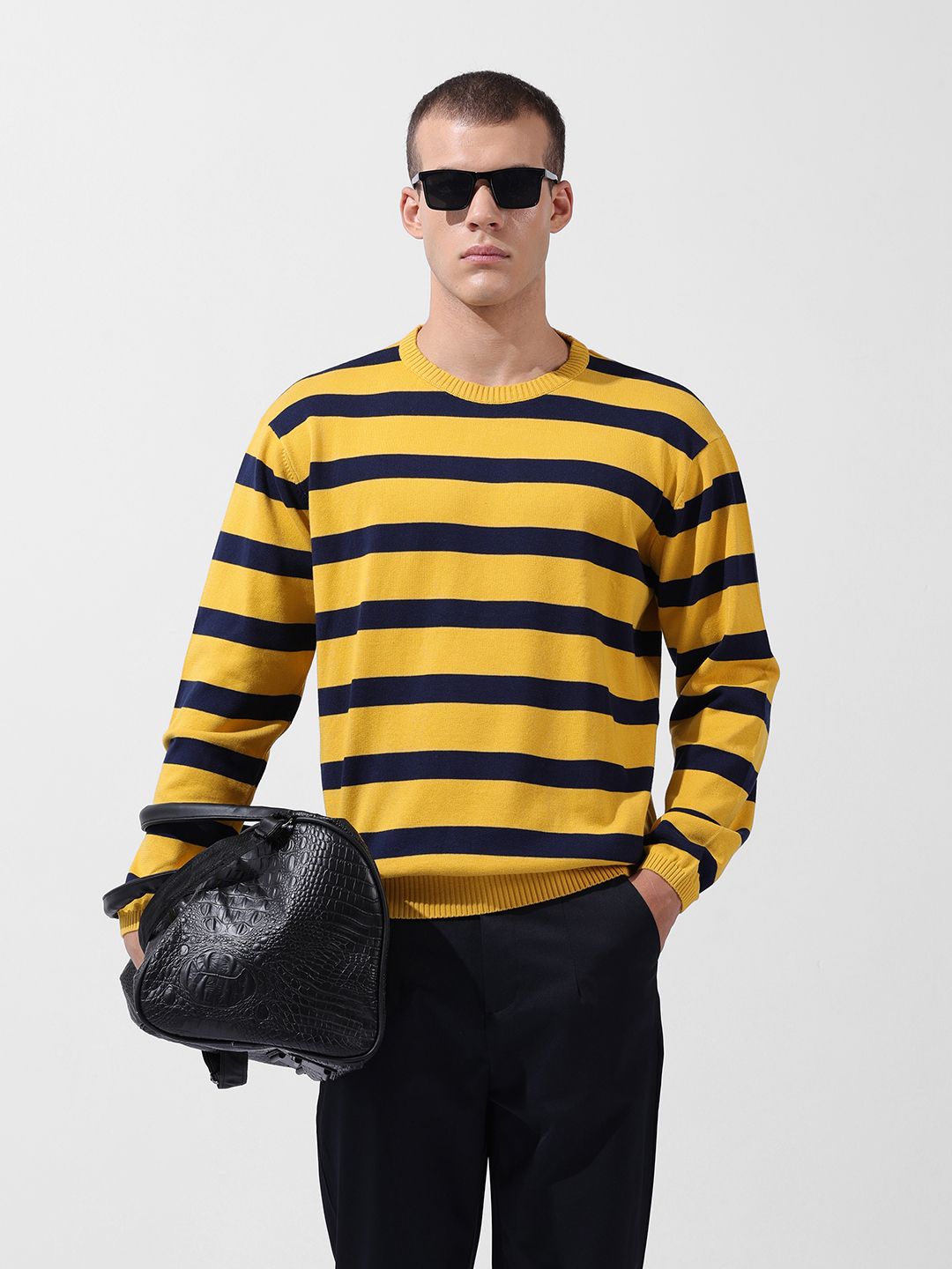 The Indian Garage Co Men Flat Knit Oversized Striped T-Shirt