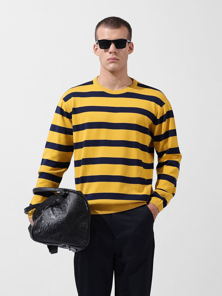 The Indian Garage Co Men Flat Knit Oversized Striped T-Shirt