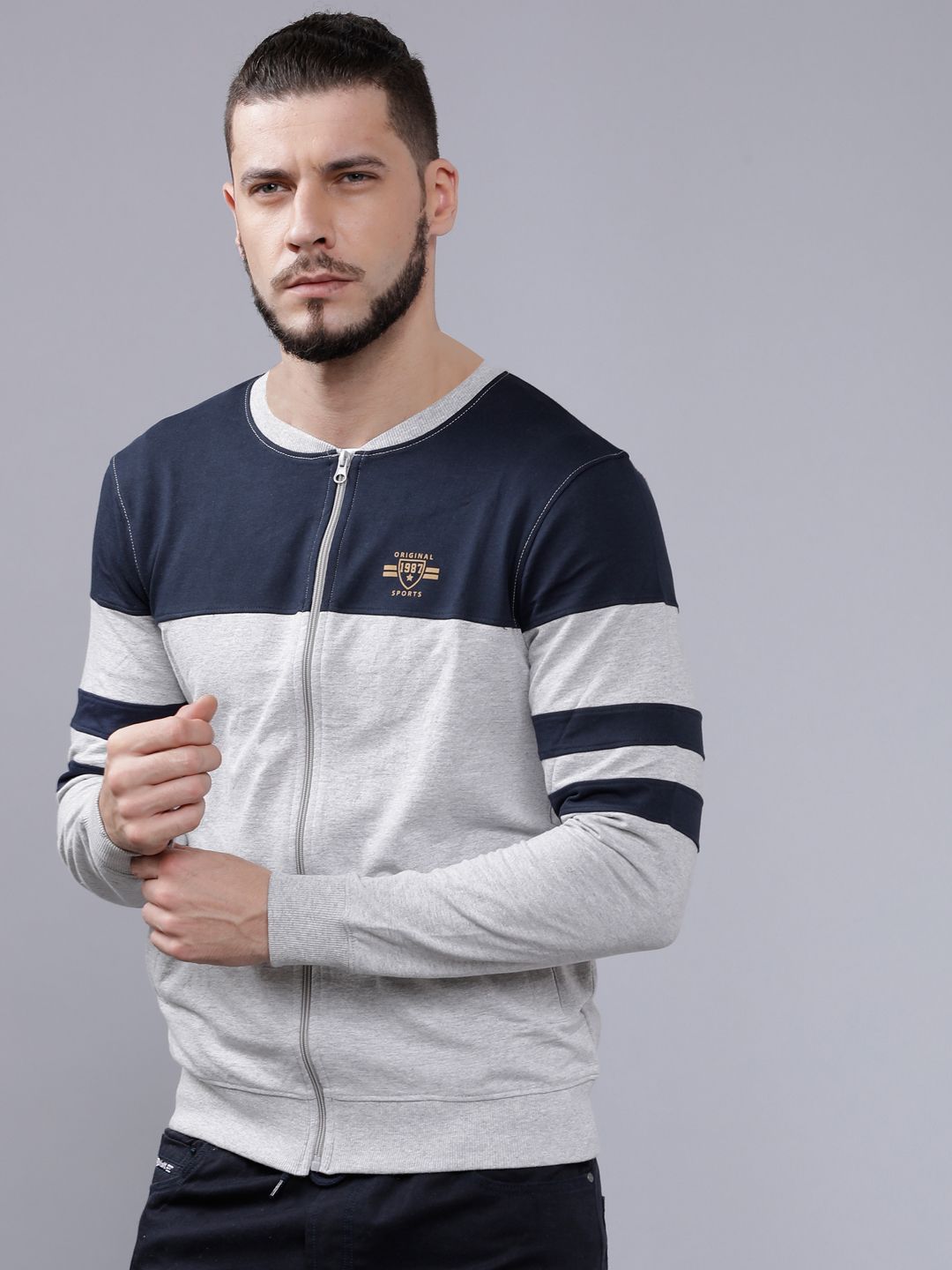 The Indian Garage Co Men Grey Melange & Navy Blue Colourblocked Sweatshirt