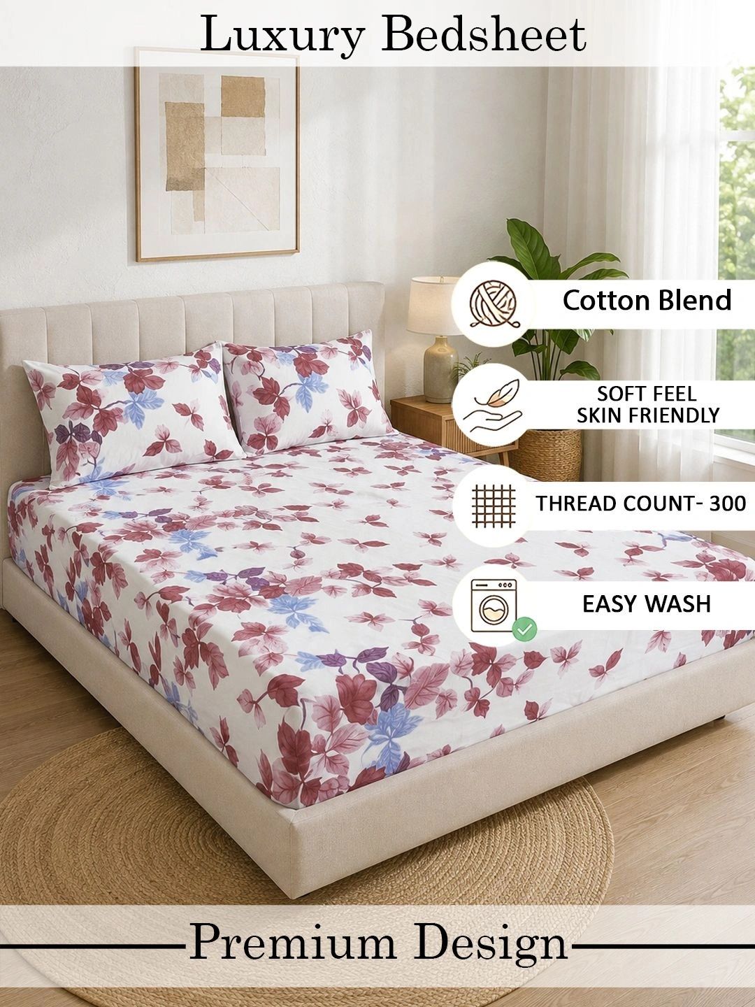 KLOTTHE Floral 300 TC Cadar King Berwarna Krim dengan 2 Sarung Bantal