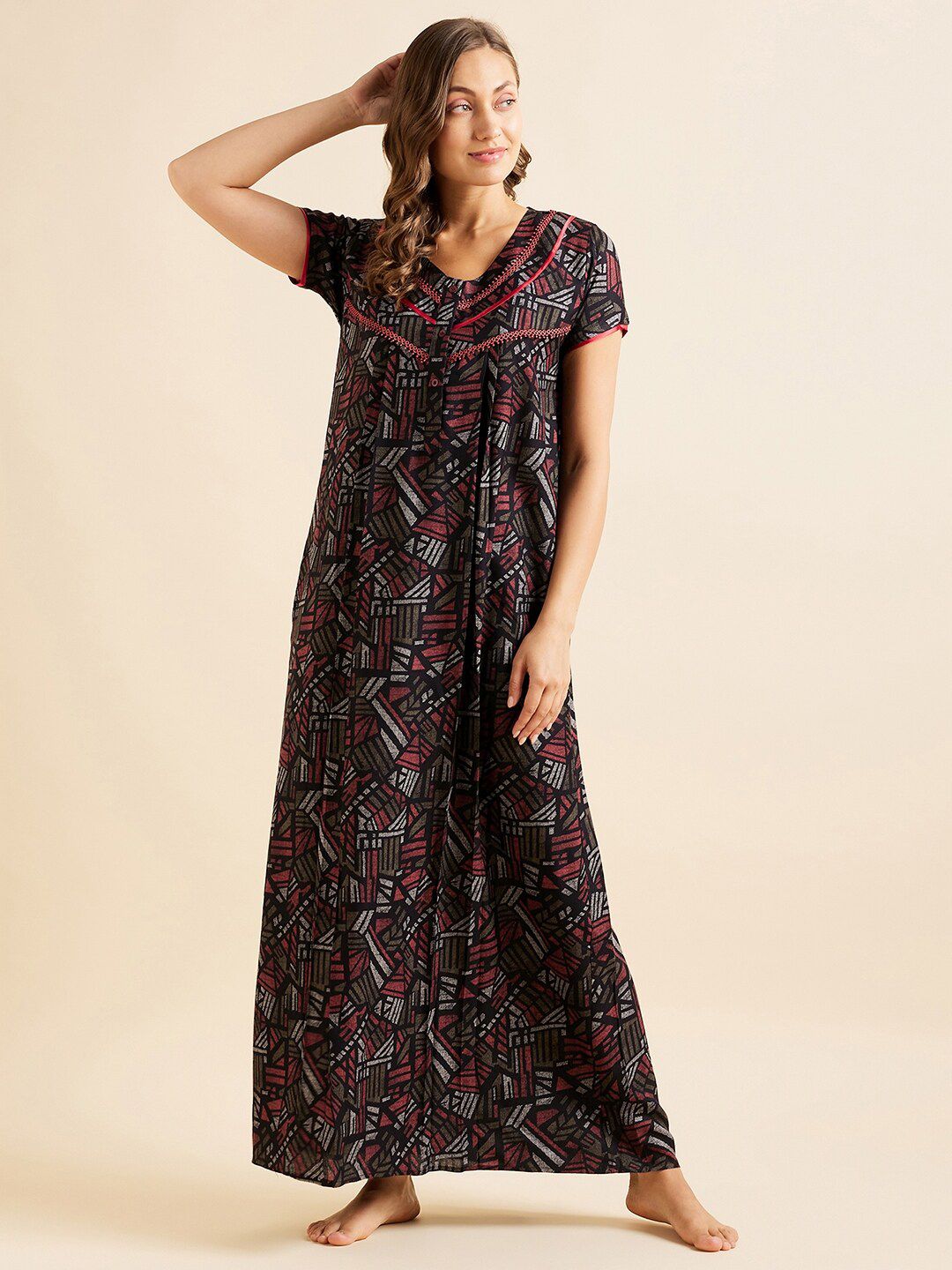 Sweet Dreams Red Geometric Printed Pure Cotton Maxi Nightdress