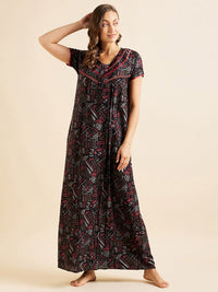 Sweet Dreams Red Geometric Printed Pure Cotton Maxi Nightdress