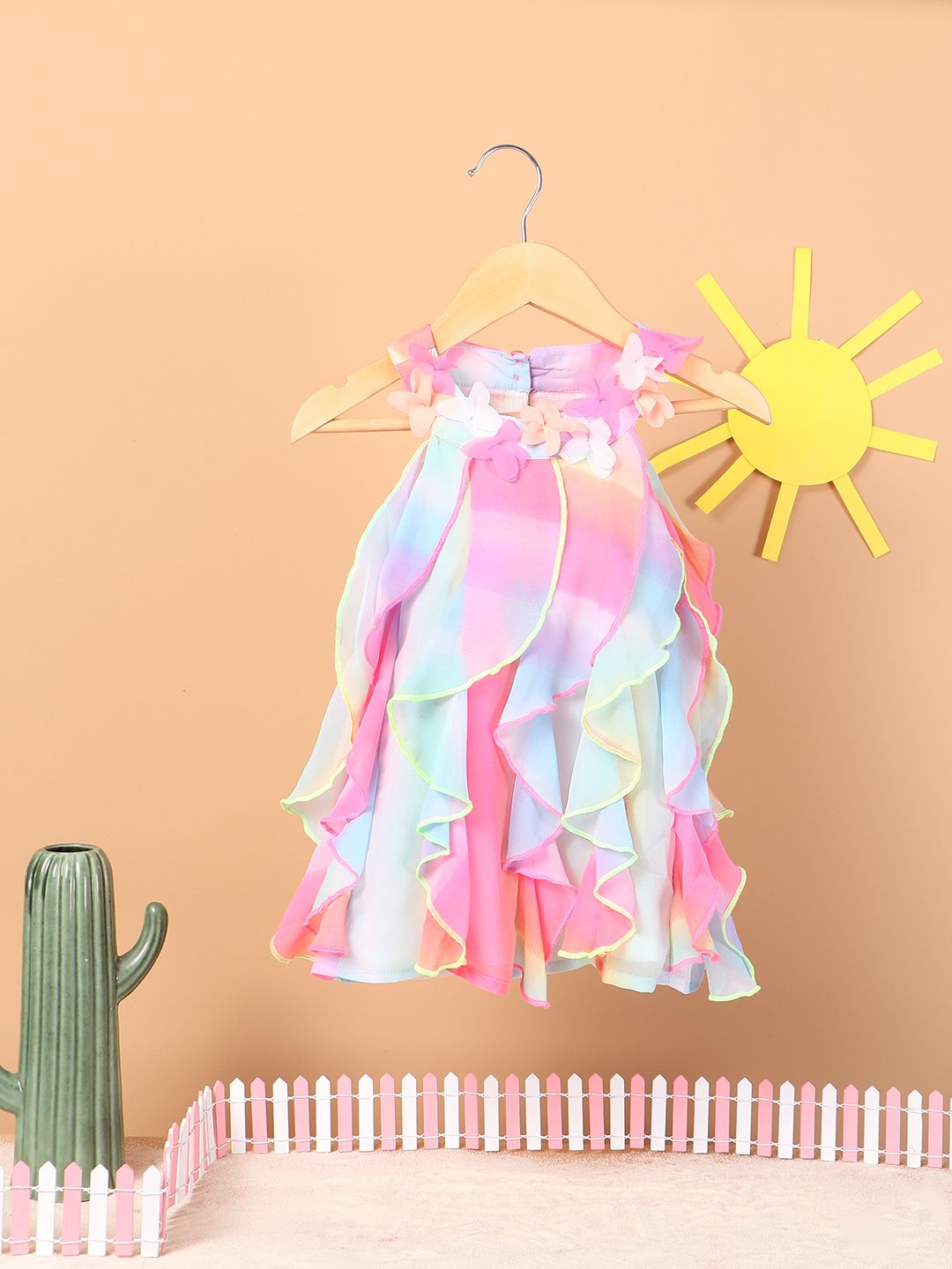 Nauti Nati Girls Pink & Blue Dyed Ruffled A-Line Dress