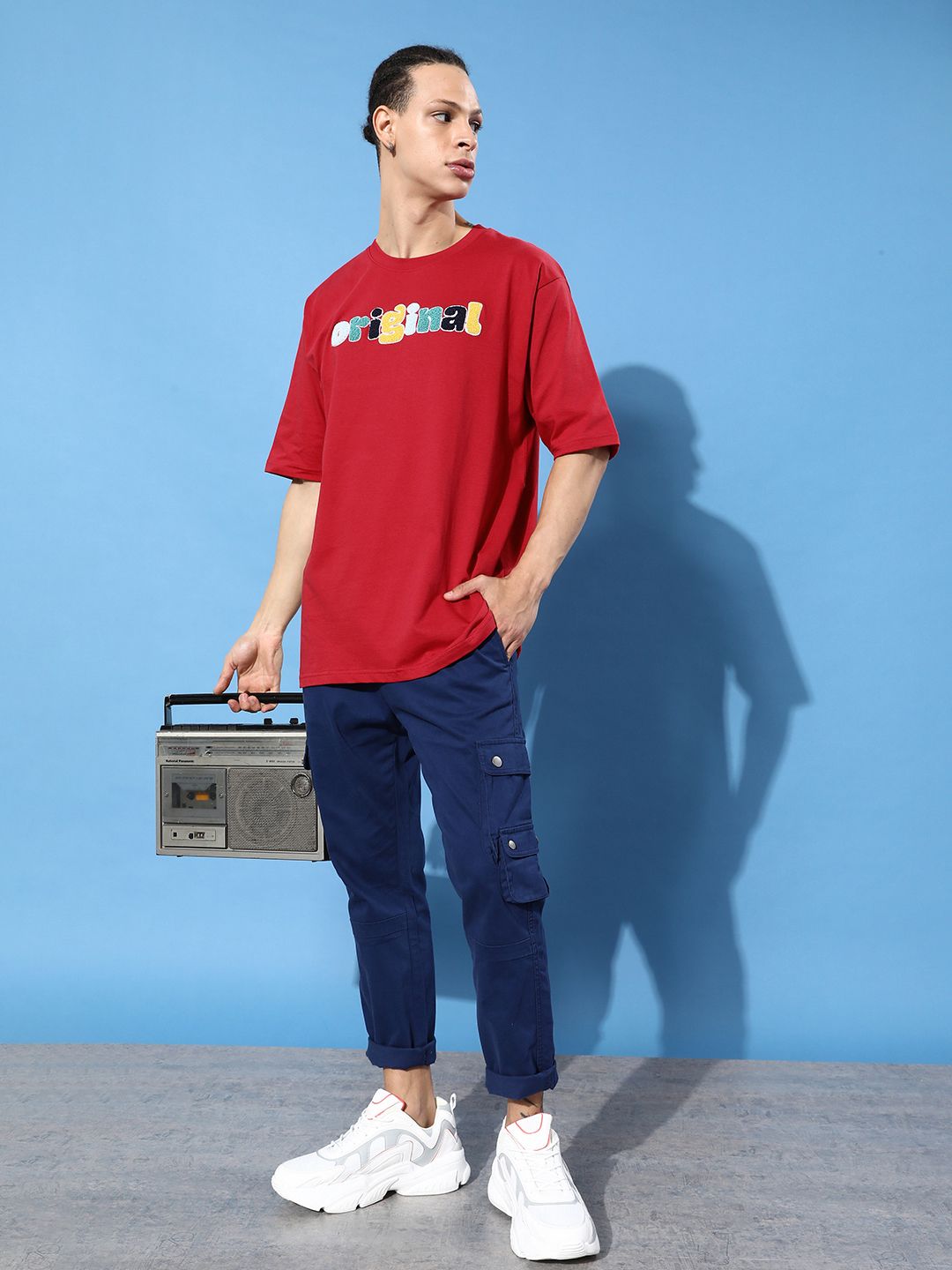 Difference of Opinion Men Red Typography Embroidered Oversized Pure Cotton Longline T-shirt