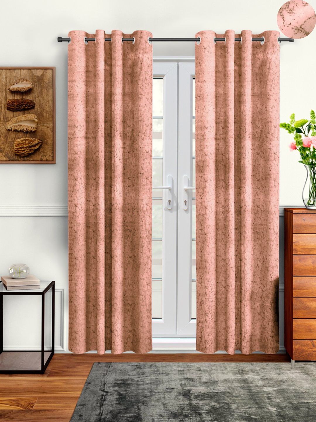 Cortina Set Of 2 Peach-Coloured & Black Velvet Room Darkening Door Curtain