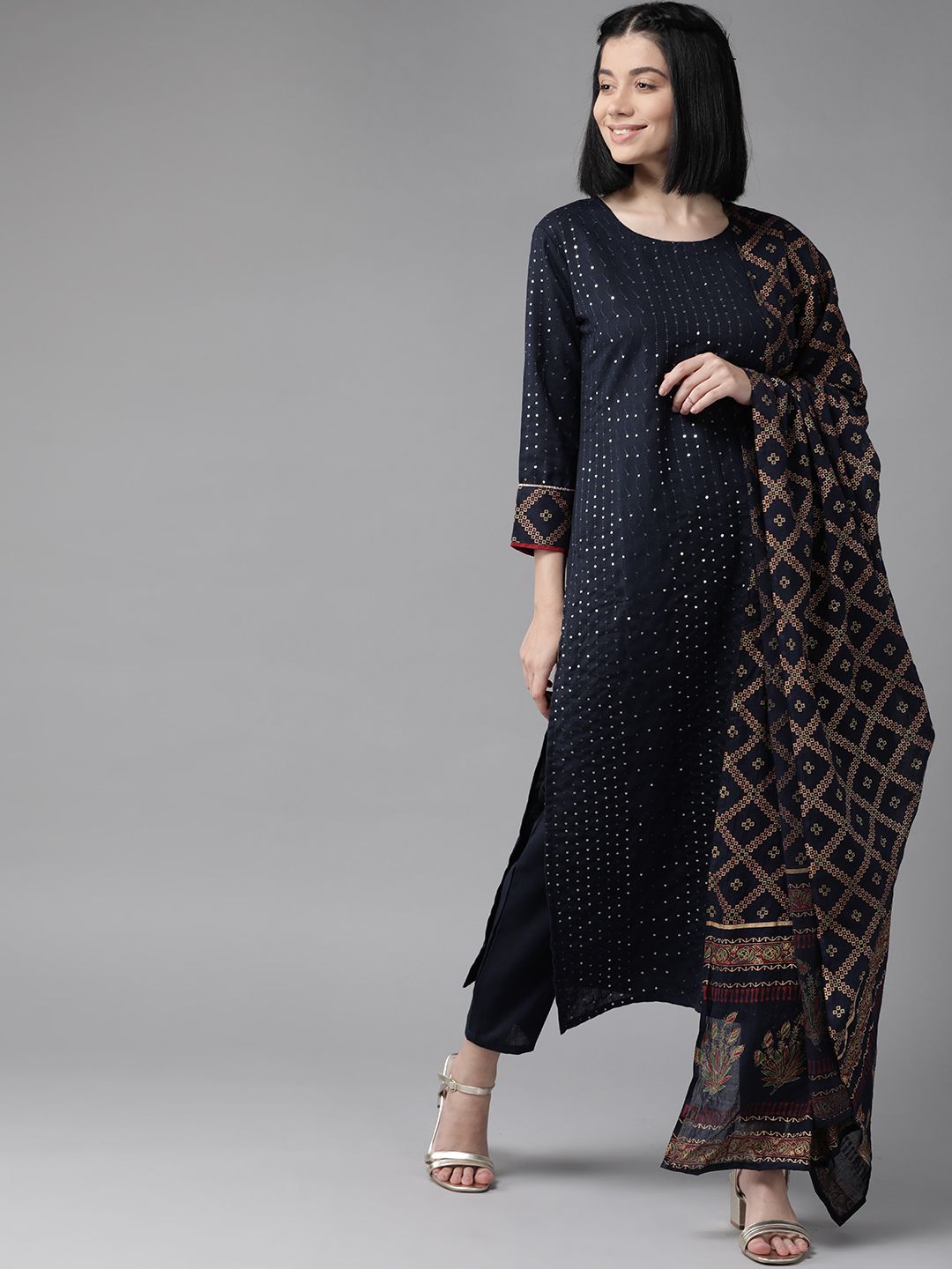 Indo Era Women Navy Blue & Silver Sequin Stripes Kurta with Trousers & Dupatta