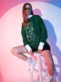 STREET 9 Green & White Graphic Printed Fleece Pullover Sweatshirt