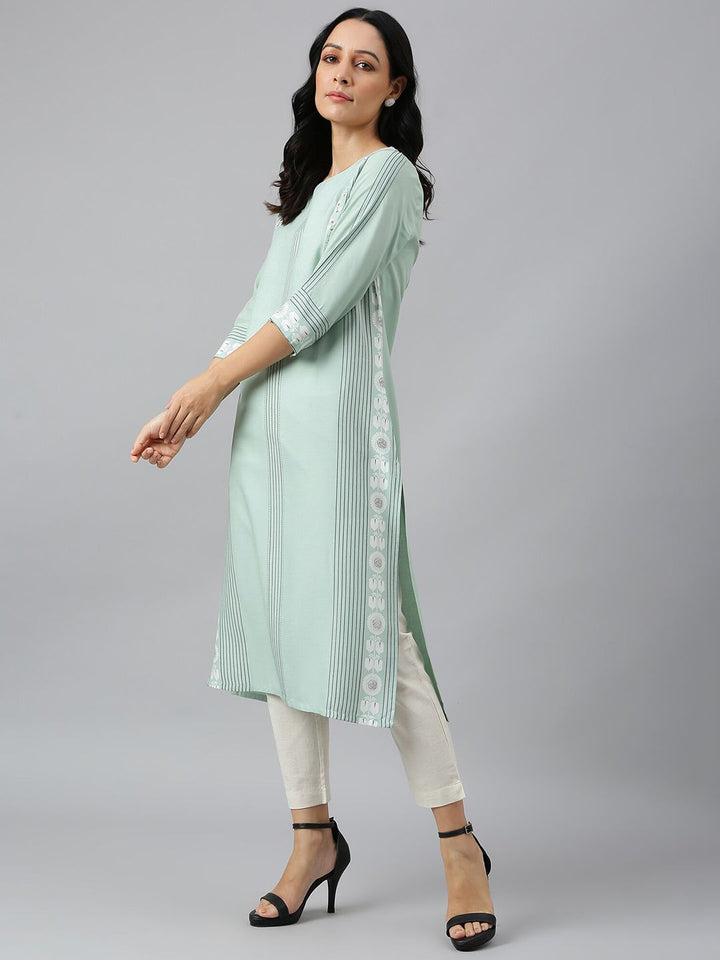 W Women Green Striped Thread Work Floral Viscose Rayon Kurta