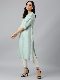 W Women Green Striped Thread Work Floral Viscose Rayon Kurta
