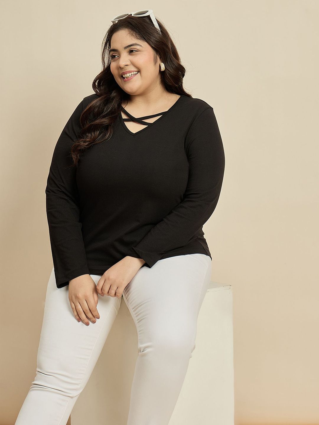 CURVY STREET Women Solid V-Neck Cotton Plus Size T-shirt