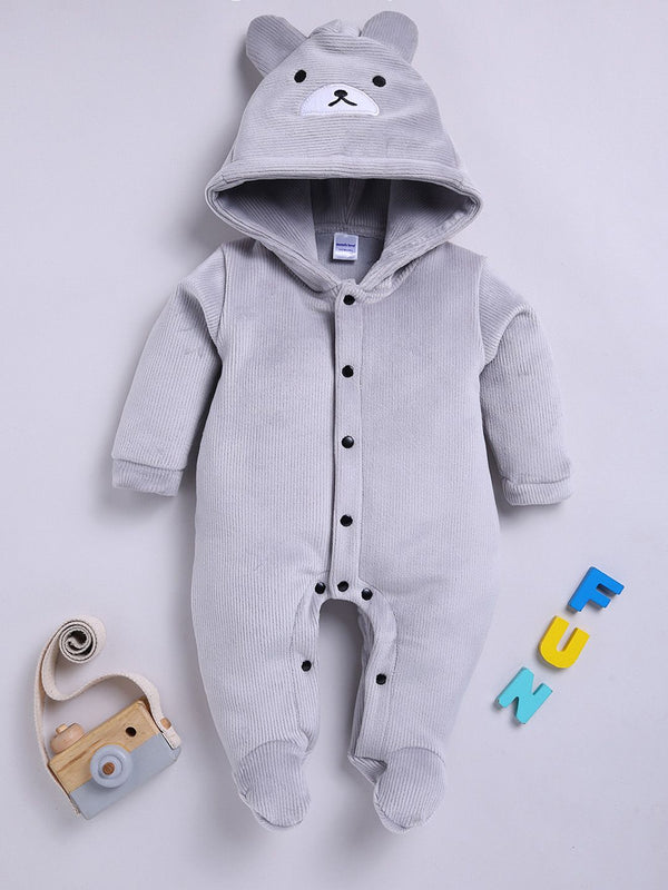 Moms Love Infant Boys Pure Cotton Velvet Finish Ribbed Hooded Sleepsuit