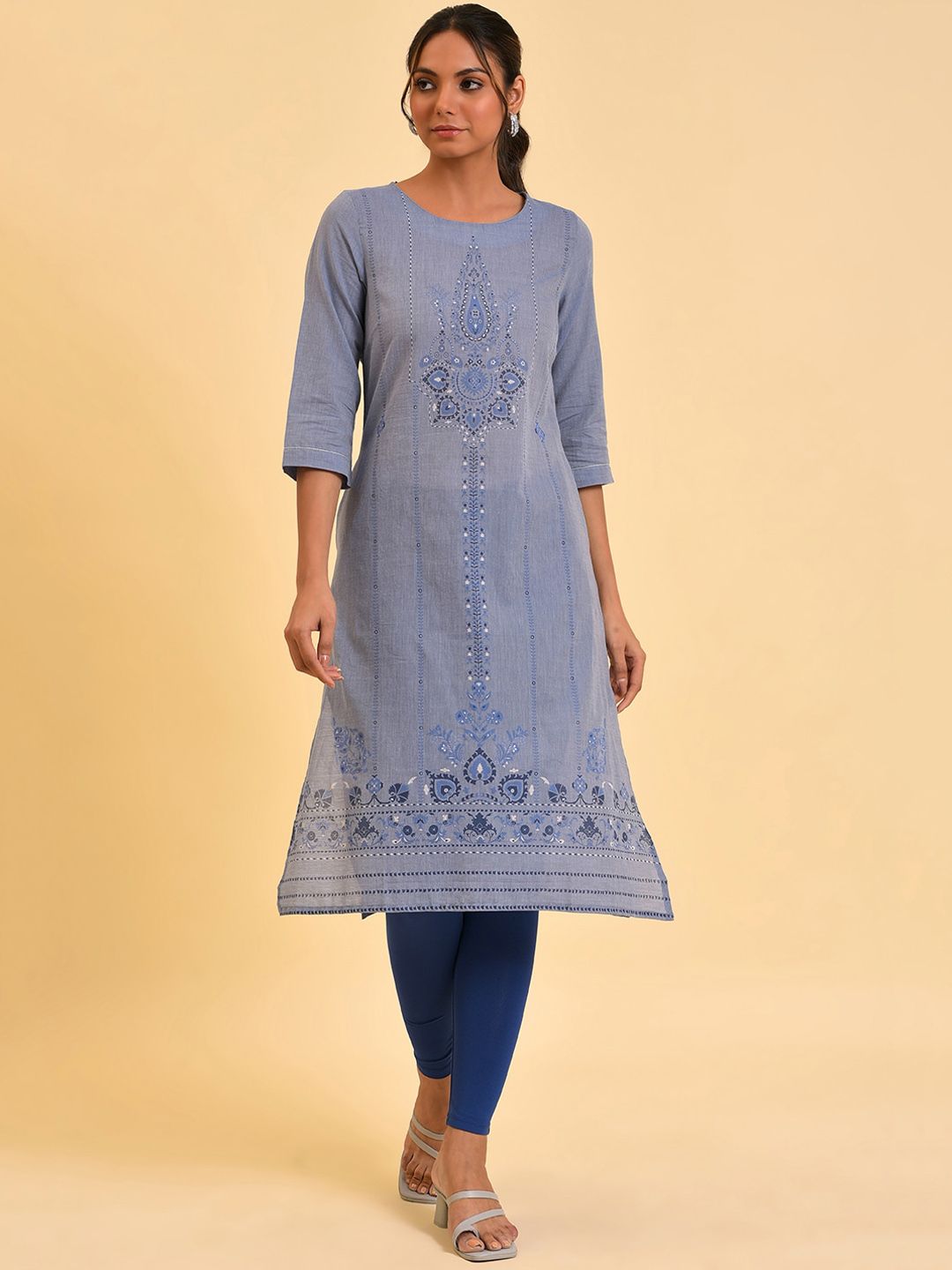 W Blue Ethnic Motifs Printed Pure Cotton Kurta