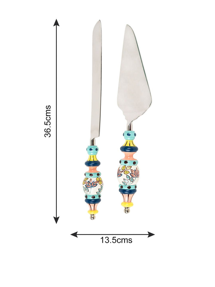 Chumbak Blue & Green Set Of 2 Floral Printed Hand-painted Stainless Steel Cake Server Set