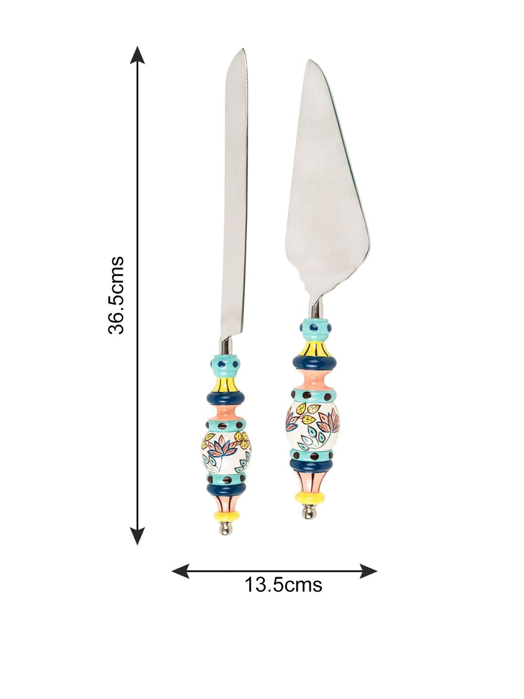 Chumbak Blue & Green Set Of 2 Floral Printed Hand-painted Stainless Steel Cake Server Set