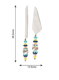 Chumbak Blue & Green Set Of 2 Floral Printed Hand-painted Stainless Steel Cake Server Set