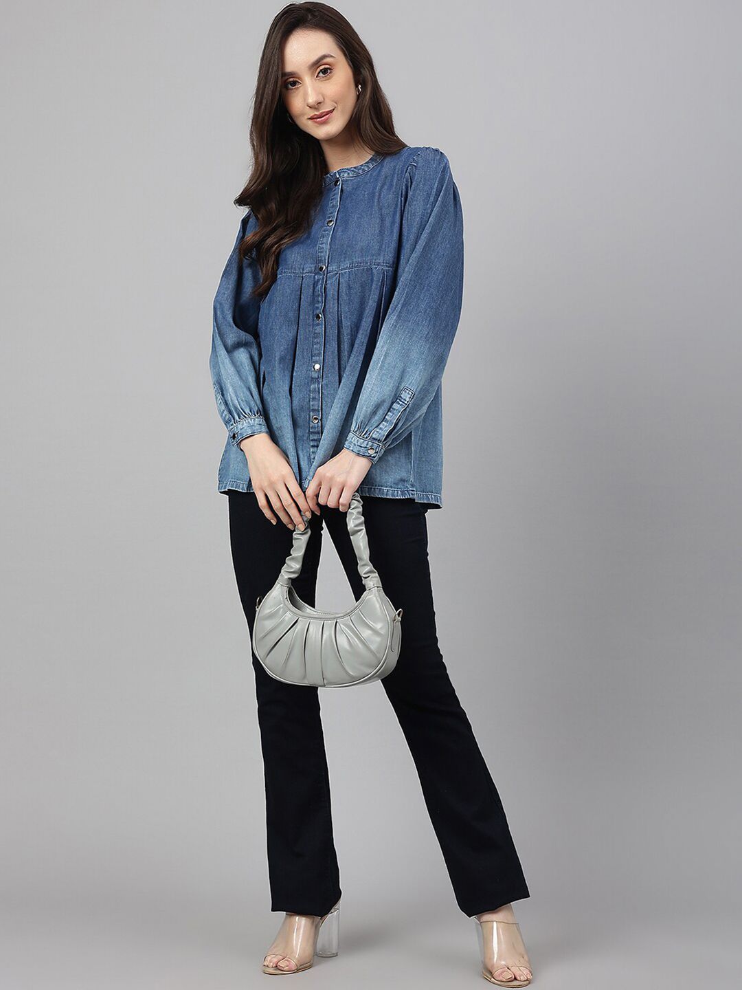 Janasya Women's Blue Denim Faded Flared Top