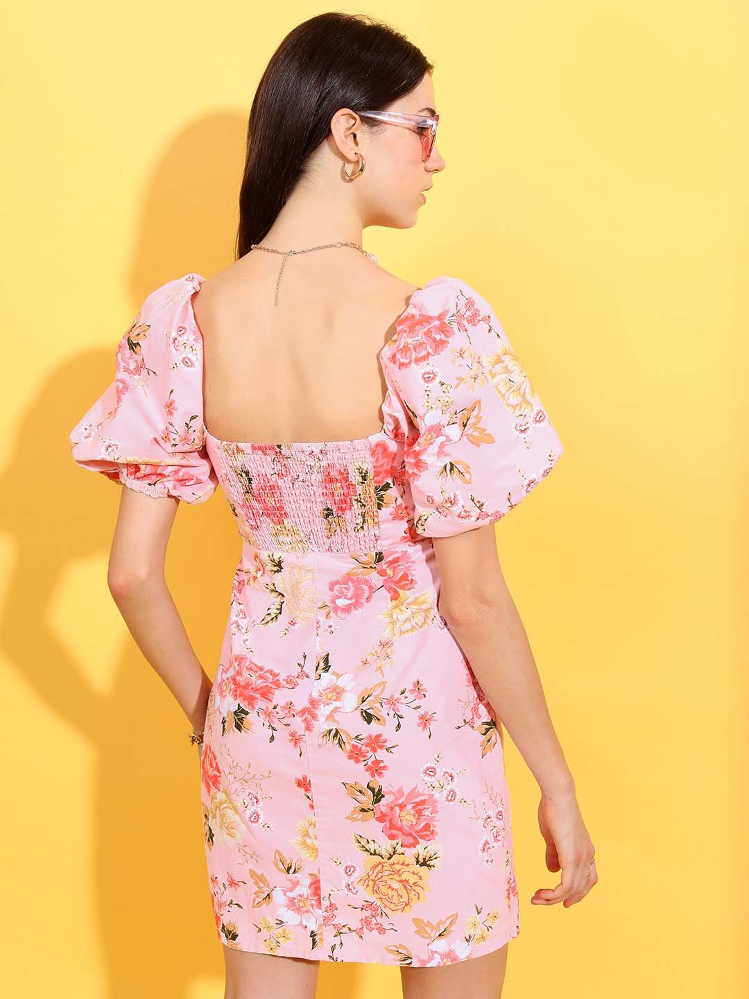 Tokyo Talkies Pink Floral Printed Puff Sleeves Ruched Cotton Sheath Dress