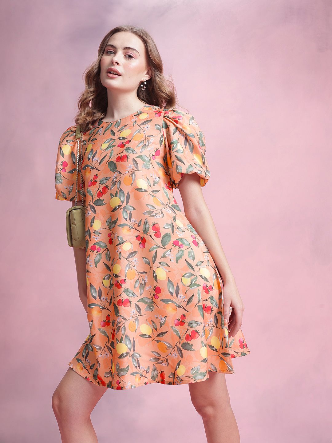 DressBerry Tropical Print Puff Sleeve A-Line Mini Dress