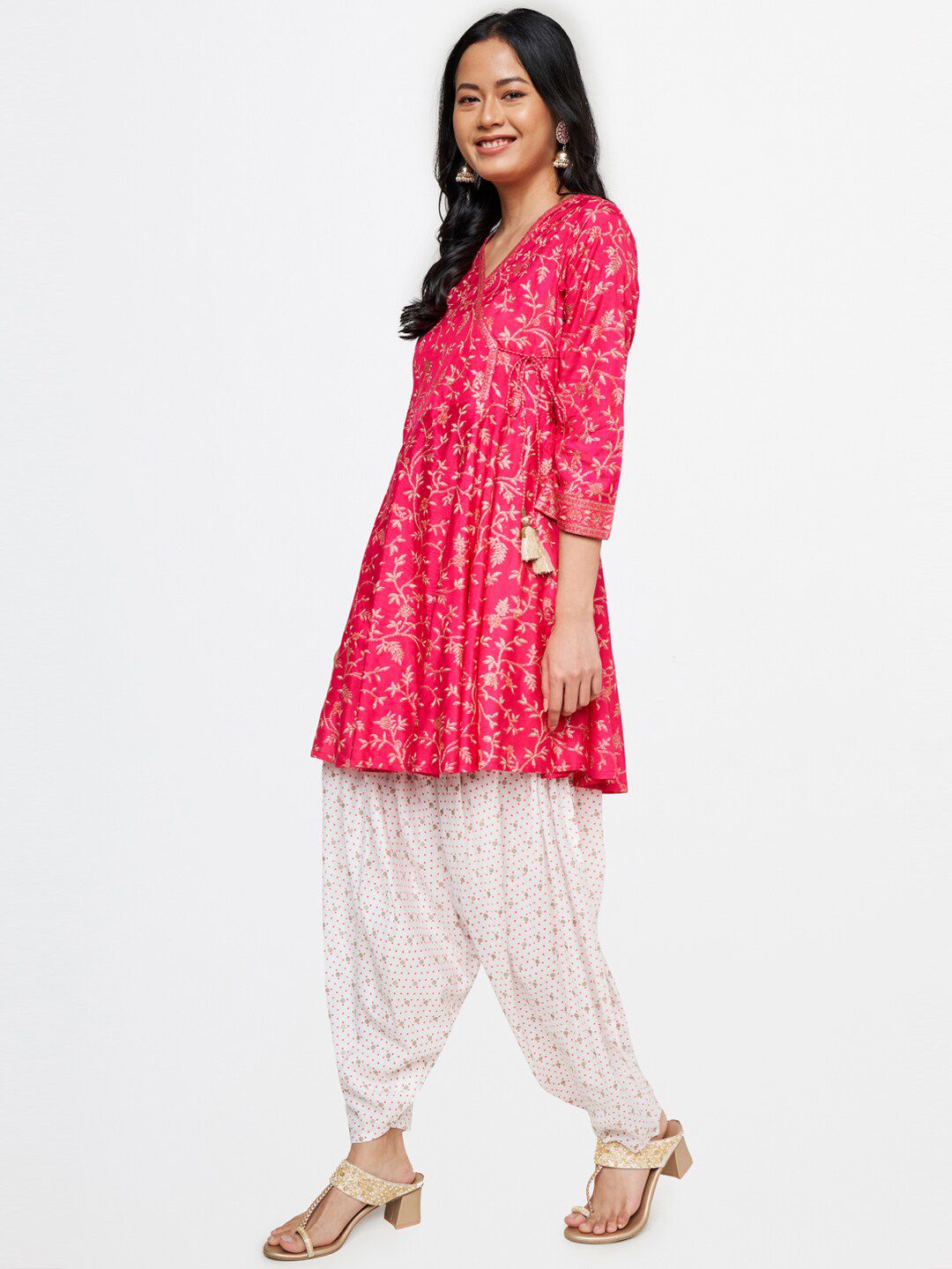 Global Desi Women Pink Ethnic Motifs Printed Angrakha Kurta with Dhoti Pants