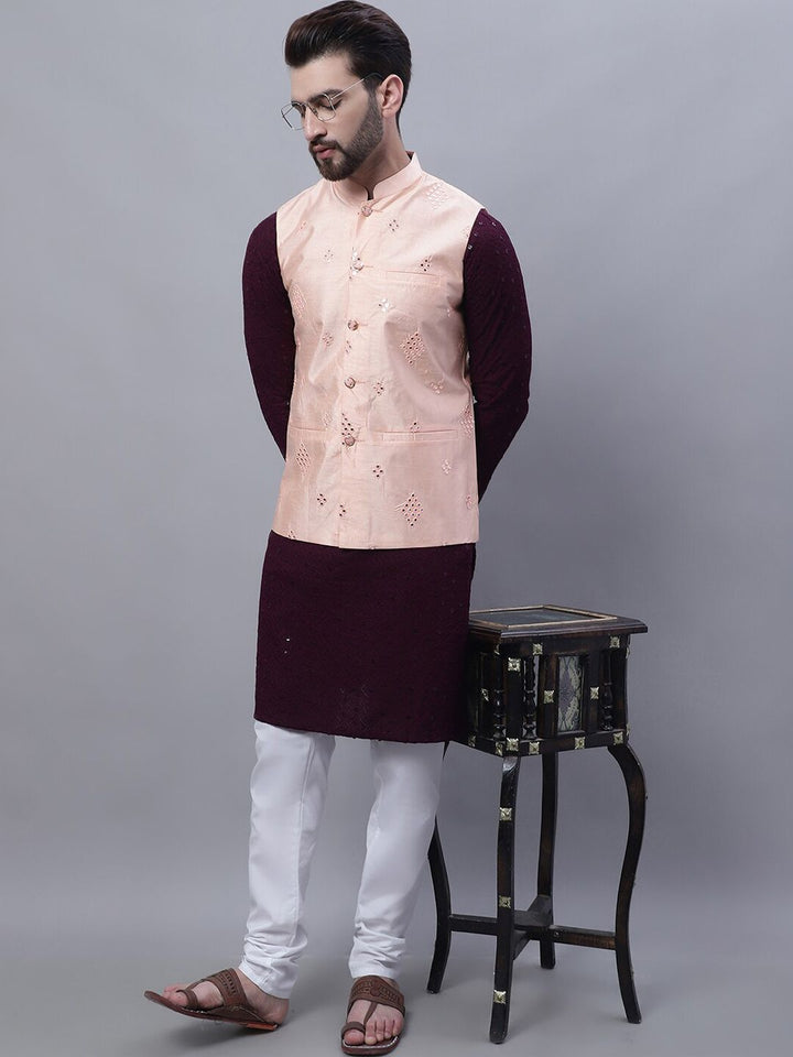SOJANYA Sulam Kurta Kapas Tulen Biasa Dengan Piyama Dengan Jaket Nehru