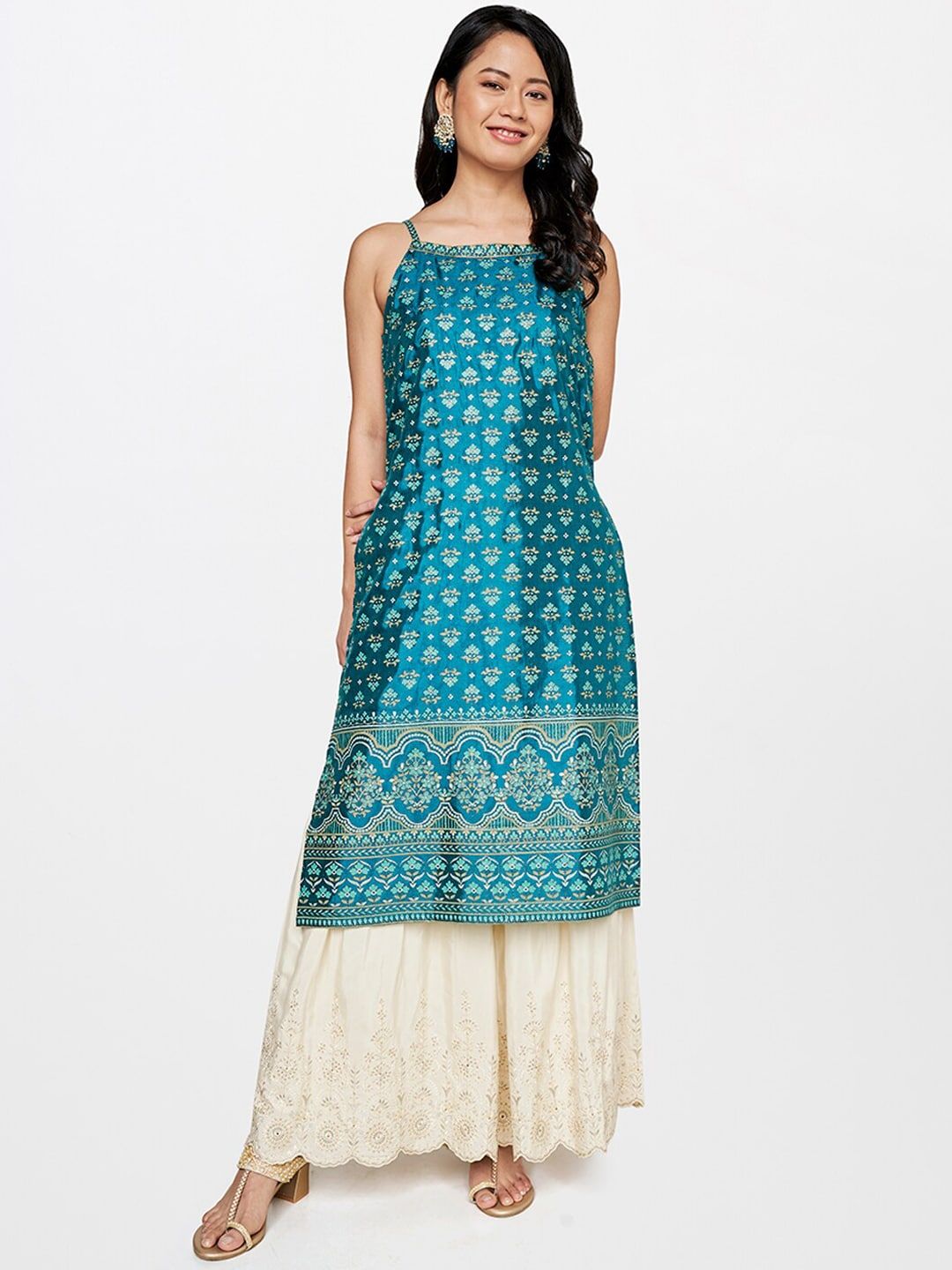 Global Desi Women Teal Green Floral Kurta