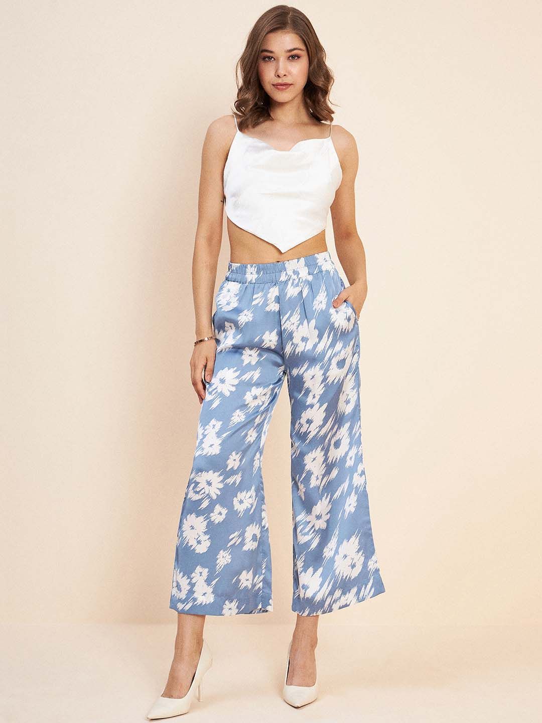 Antheaa Blue Floral Printed Shirt Collar Long Sleeve Satin Co-Ords