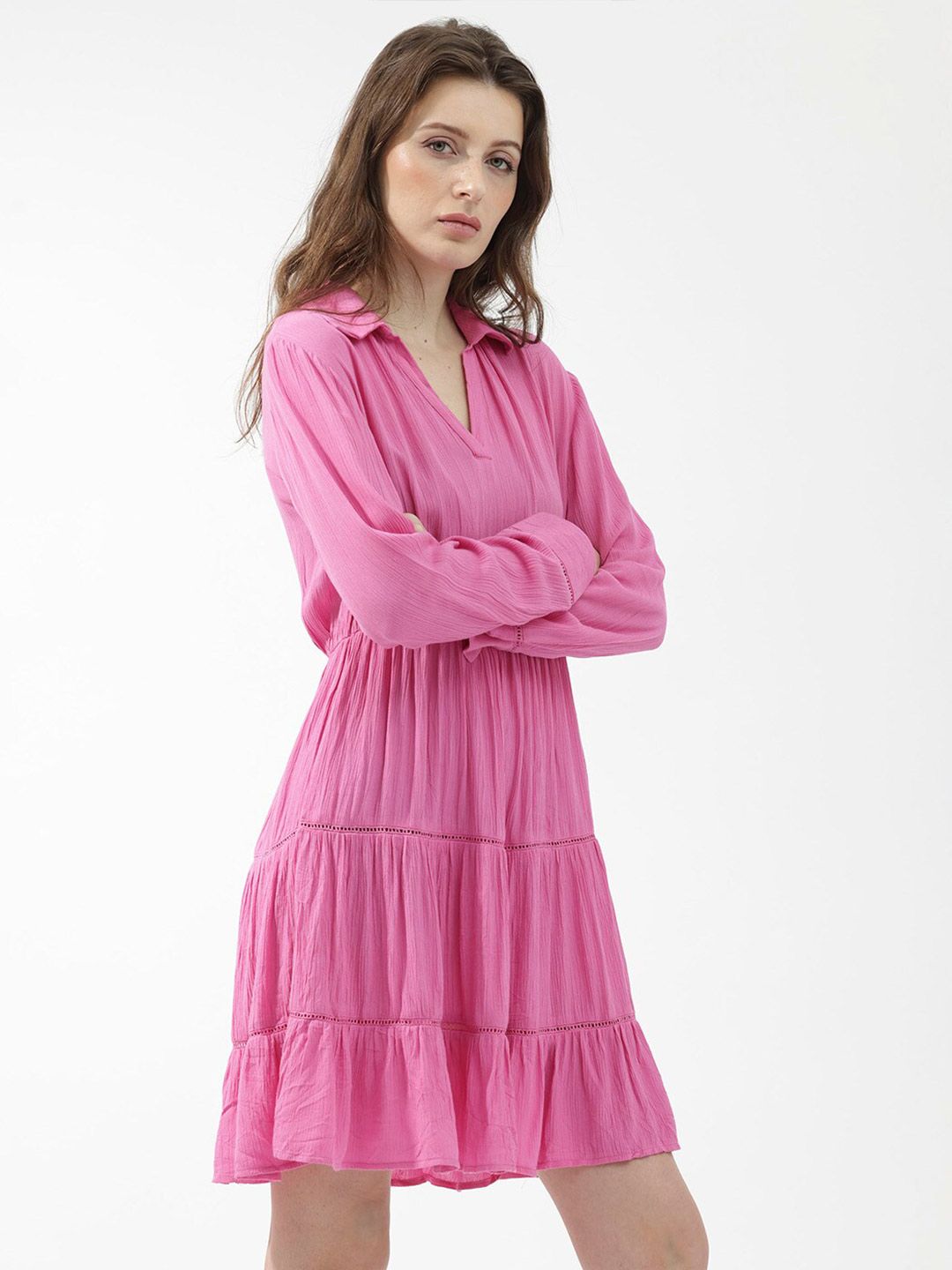 RAREISM Shirt Collar Tiered A-Line Dress