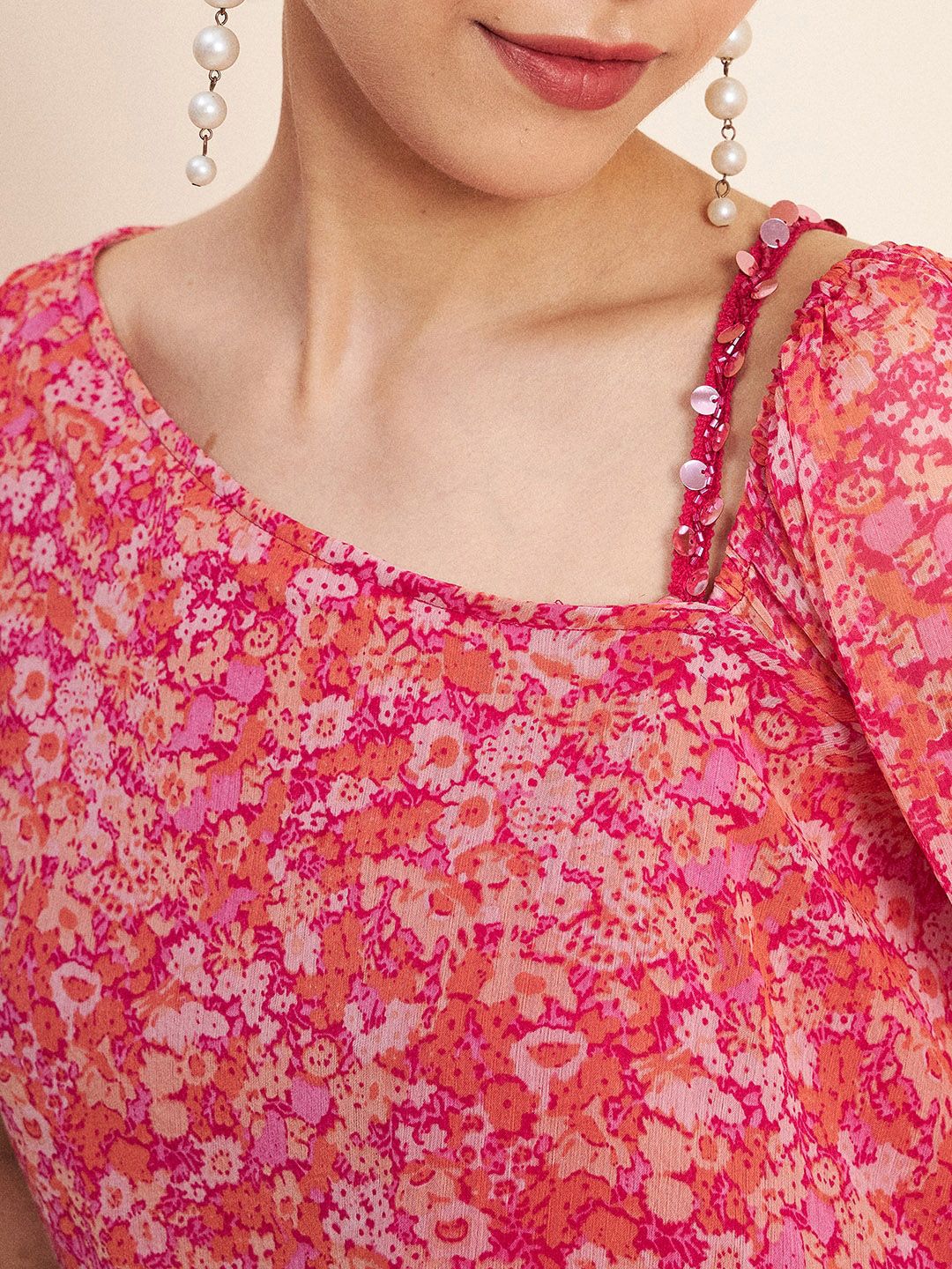 Antheaa Pink Floral Printed A-Line Kurta With Sharara