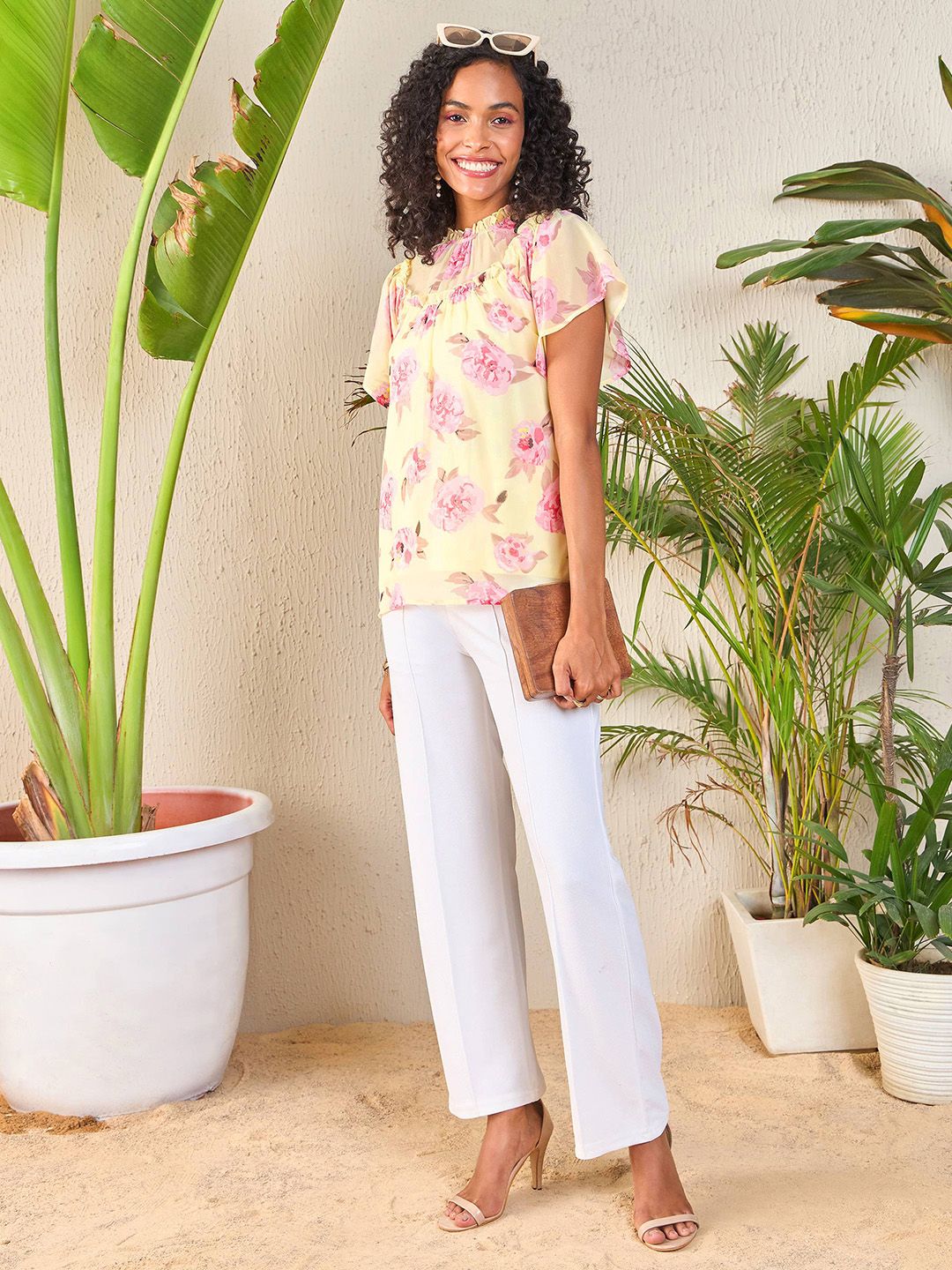 SASSAFRAS Yellow Floral Printed High Neck Flutter Sleeve Georgette Top