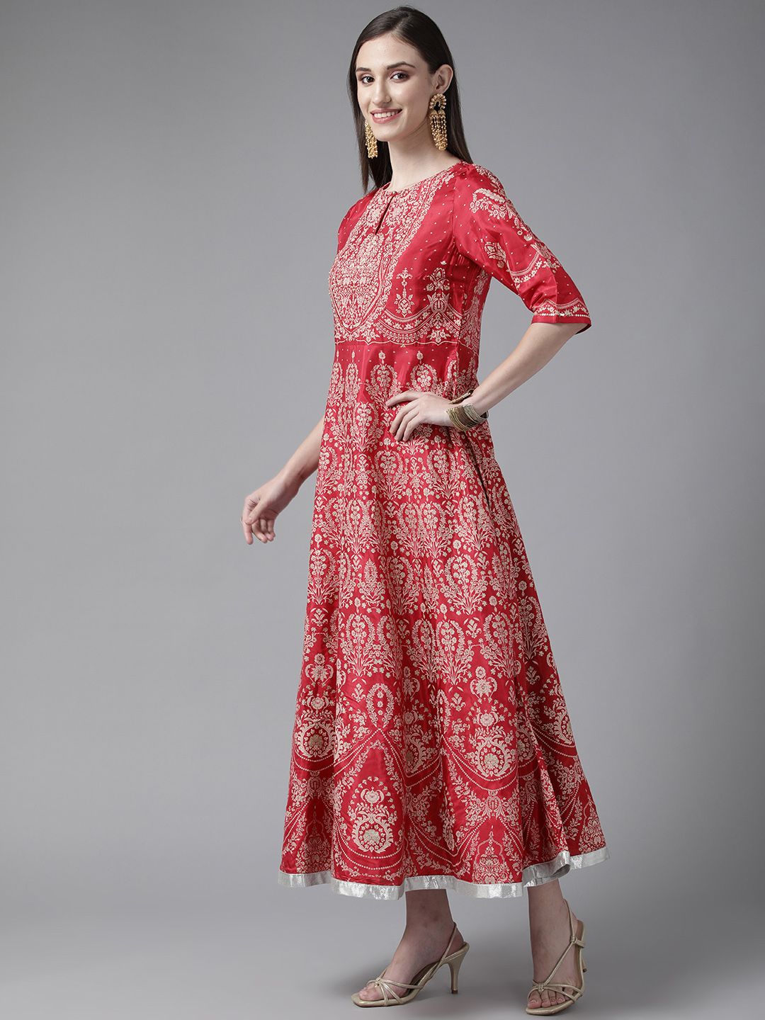 W Maroon & Gold-Toned Ethnic Motifs Keyhole Neck Ethnic A-Line Midi Dress