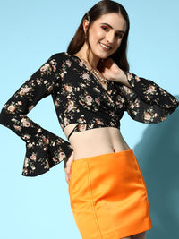 Berrylush Black Floral Print Crepe Wrap Crop Top