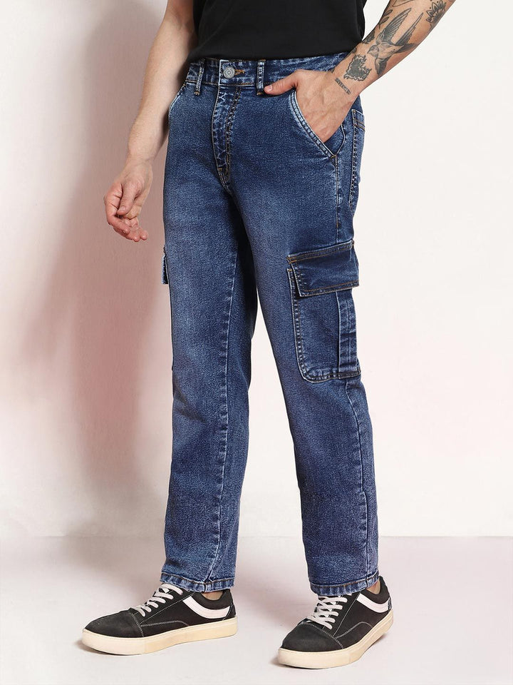 Urbano Fashion Men Blue Regular Fit Washed Cargo Jeans