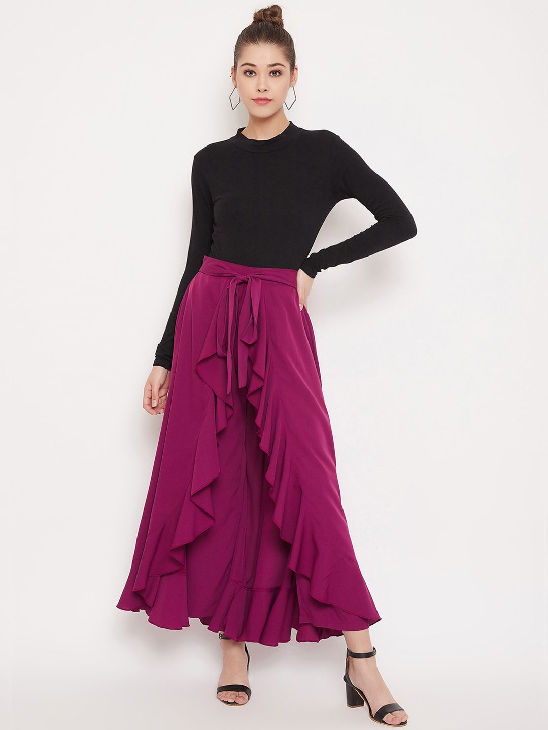 Berrylush Women Purple Solid Ruffle Maxi Wrap Pant Skirt